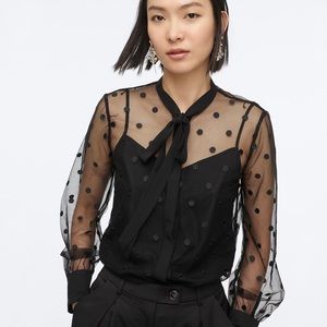 J. Crew Tie-Neck Long Sleeve Blouse in Dotted Tulle